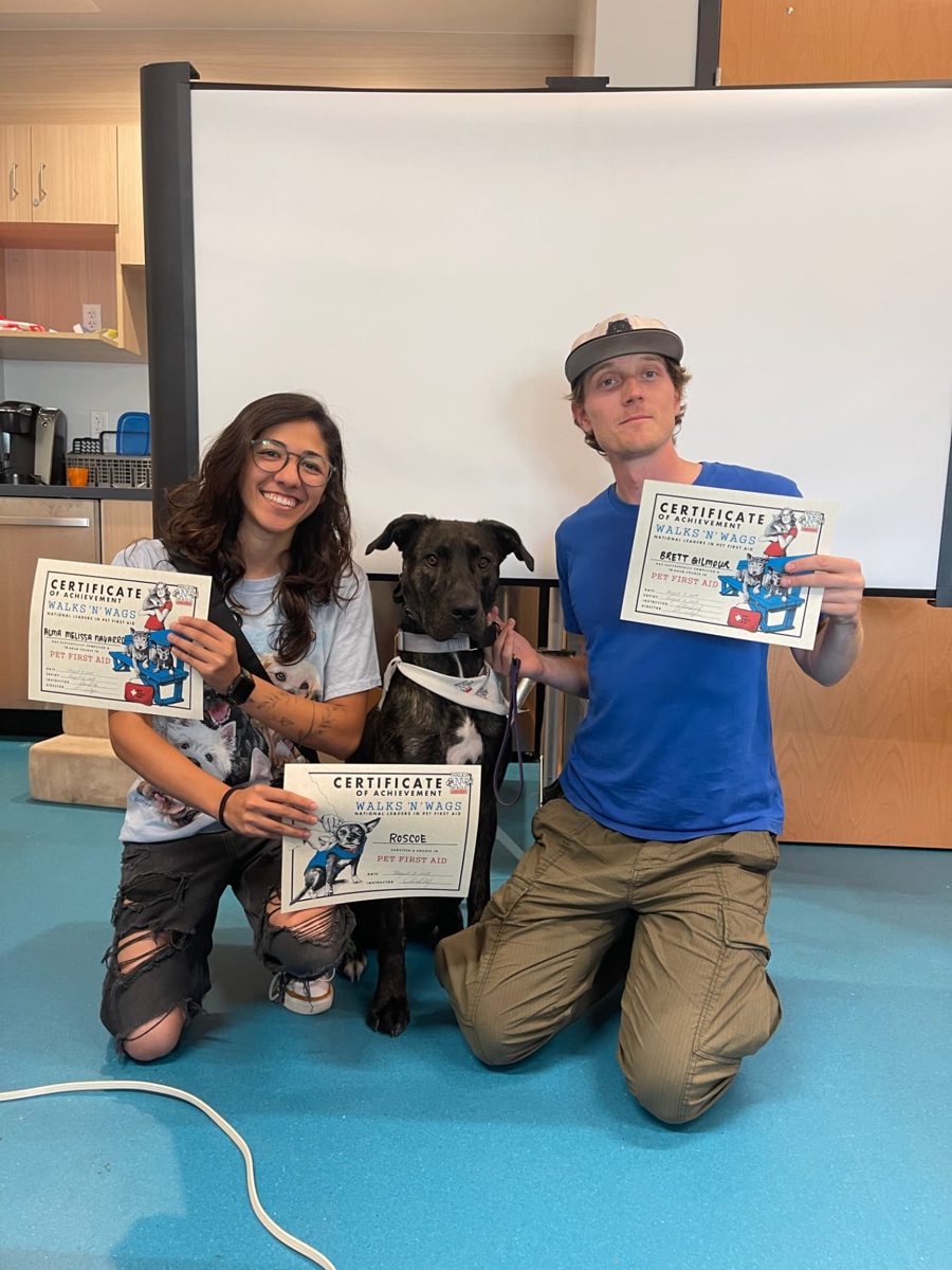 Two graduates holding certificates with their dog