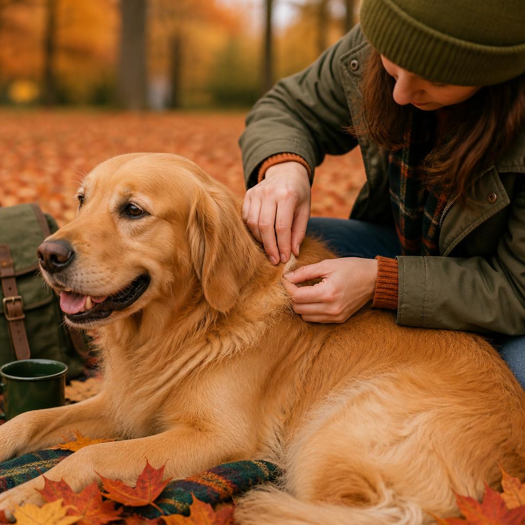A person gently checking a golden retriever's fur for ticks among fallen autumn leaves